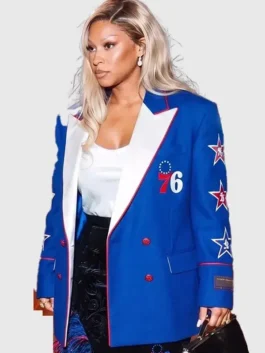 Full front view of the blue suiting fabric Savannah James Philadelphia 76ers Blazer highlighting five practical storage pockets.