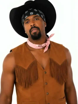 Scary Movie Shawn Wayans Brown Fringe Vest front view featuring premium suede leather, western-inspired fringe detailing, and classic vintage styling