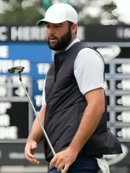 Model view of the black Scottie Scheffler RBC Heritage Vest showcasing the full fit of this iconic Scottie Scheffler inspired golf vest
