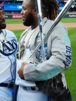 Front view of the grey Seattle All Star Home Run Derby Jacket highlighting the five functional storage pockets.