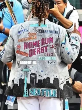 Back view of the grey Seattle All Star Home Run Derby Jacket showing the premium stitching and structured drape.