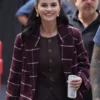 Burgundy wool Selena Gomez Only Murders In the Building Burgundy Wool Coat detailing the lapel collar and rich wool finish.