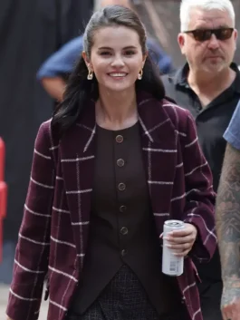 Burgundy wool Selena Gomez Only Murders In the Building Burgundy Wool Coat detailing the lapel collar and rich wool finish.