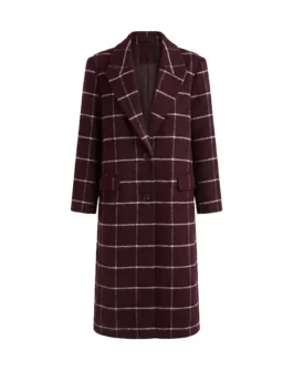 Close-up of the burgundy wool Selena Gomez Only Murders In the Building Burgundy Wool Coat showcasing full length sleeves and button closure.