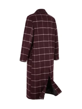 Back view of the burgundy wool Selena Gomez Only Murders In the Building Burgundy Wool Coat highlighting four functional storage pockets.