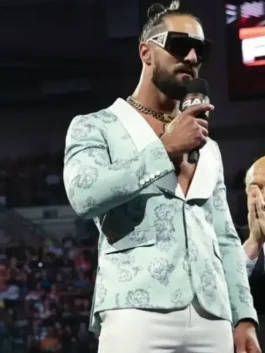 Close-up front profile of the mint green RAW Seth Rollins Floral Blazer detailing the shawl lapel collar and front buttoning.