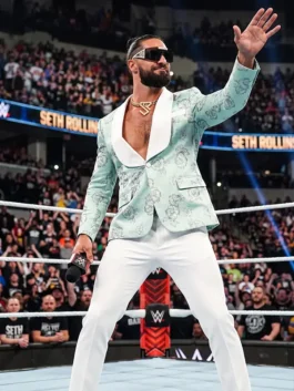 Full front profile of the mint green RAW Seth Rollins Floral Blazer highlighting four functional storage pockets.