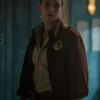 Rebecca Ferguson Silo S01 Brown Jacket front view with button closure and classic collar