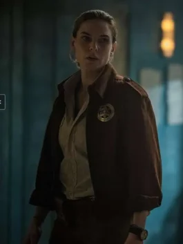 Rebecca Ferguson Silo S01 Brown Jacket front view with button closure and classic collar
