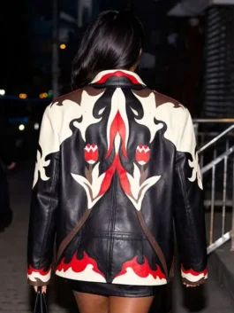 Back view of the multicolor real leather NYC 2026 Simone Ashley Leather Jacket showing clean stitched panels and full sleeves.