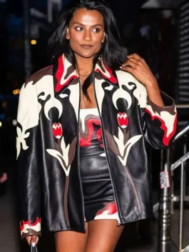Full front view of the multicolor real leather NYC 2026 Simone Ashley Leather Jacket highlighting full length sleeves and sleek zip closure.