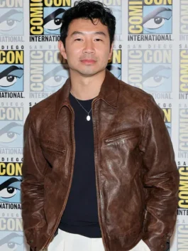 Full front view of the brown real leather Simu Liu ComicCon Brown Leather Jacket highlighting six functional storage pockets.