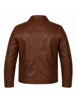 Back view of the brown real leather Simu Liu ComicCon Brown Leather Jacket showing clean stitching and full length sleeves.