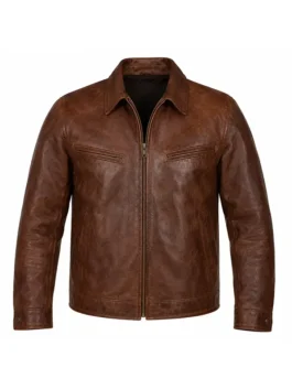 Close-up front profile of the brown real leather Simu Liu ComicCon Brown Leather Jacket detailing the shirt style collar and zip front.