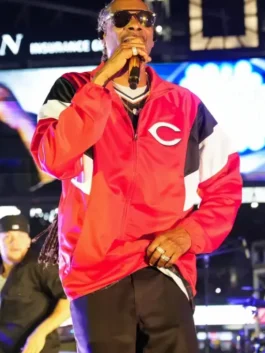 Red satin Snoop Dogg Cincinnati Reds Jacket with long sleeves, elastic cuffs, and a polished casual fit.