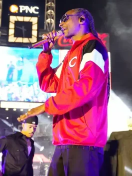 Red satin Snoop Dogg Cincinnati Reds Jacket featuring a classic turn down collar and clean front zipper closure.