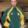Front view of the green and yellow South Africa Intra Nations Jacket in polyester with a stand up collar.