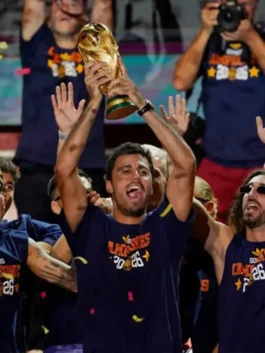 Bright blue polyester Spain World Cup Victory Parade Shirt featuring a round neck collar and sleeveless cut.