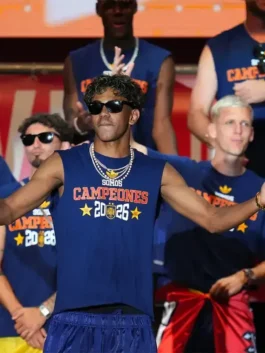Full view of the blue athletic Spain World Cup Victory Parade Shirt with a round neck and sleeveless style.
