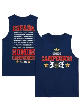 Close-up view of the blue sleeveless Spain World Cup Victory Parade Shirt highlighting the neat round neck.