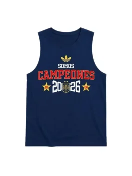 Front profile of the blue sleeveless Spain World Cup Victory Parade Shirt showcasing its casual athletic fit.