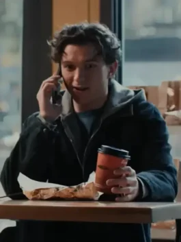 Dark navy blue Spider Man Meets Messi Peter Parker Jacket as seen on Tom Holland celebrating the iconic Spider-Man x Messi crossover moment