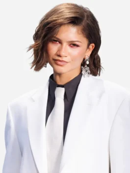 White suiting fabric SpiderMan Photocall NYC Zendaya Blazer featuring a lapel collar and button closure.