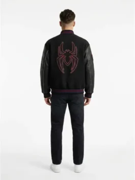 Black SpiderMan Varsity Bomber Jacket highlighting the premium leather sleeves and snap tab buttons.