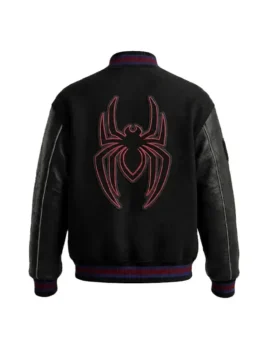 Back view of the black SpiderMan Black Varsity Bomber Jacket showing the wool body and smooth leather sleeves.