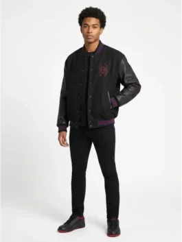 Model wearing the black wool and leather SpiderMan Varsity Bomber Jacket showing a smart casual fit.