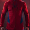 Front view of the red SpiderMan Brand New Day 2026 Red Hoodie putting the full Spider-Man Brand New Day design on bold display
