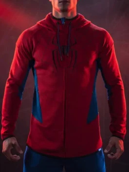 Front view of the red SpiderMan Brand New Day 2026 Red Hoodie putting the full Spider-Man Brand New Day design on bold display