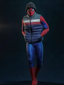 Front view of the multicolor SpiderMan Brand New Day Puffer Vest putting the full Spider-Man Brand New Day 2026 design on bold display