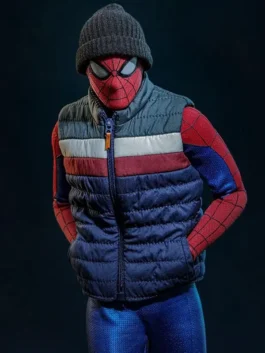 Classic multicolor SpiderMan Brand New Day Puffer Vest from the 2026 Spider-Man Brand New Day film celebrating a bold new era of Marvel
