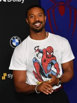 Close-up of the white polyester Michael B Jordan SpiderMan Premiere T-Shirt detailing the soft round neck collar.