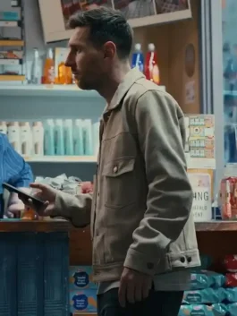 Beige SpiderMan Meets Messi Suede Jacket honoring the legendary moment Spider-Man met the greatest footballer of all time Lionel Messi