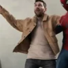 Classic beige SpiderMan Meets Messi Suede Jacket blending Marvel culture and football greatness in one iconic suede collector piece
