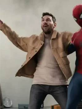 Classic beige SpiderMan Meets Messi Suede Jacket blending Marvel culture and football greatness in one iconic suede collector piece