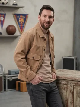 Full view of the beige SpiderMan Meets Messi Suede Jacket showcasing the complete design of this iconic Spider-Man x Messi crossover piece