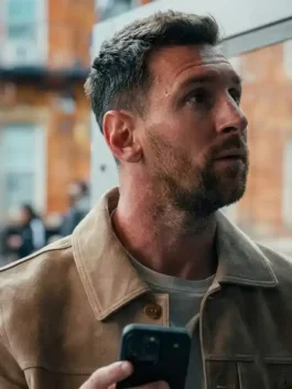 Beige SpiderMan Meets Messi Suede Jacket celebrating the iconic pop culture crossover between Spider-Man and Lionel Messi