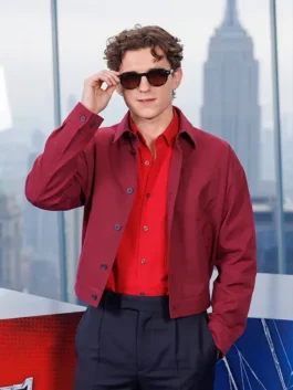 Vibrant red cotton Spiderman Tom Holland NYC Red Shirt featuring a classic shirt style collar and front button closure.