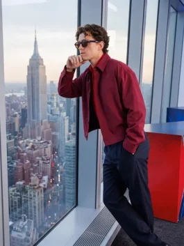 Front profile of the red cotton Spiderman Tom Holland NYC Red Shirt showcasing full length sleeves and clean shirt tailoring.