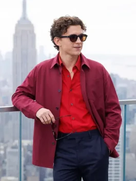 Close-up front view of the red cotton Spiderman Tom Holland NYC Red Shirt detailing the shirt style collar and button front.