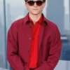 Full front view of the red cotton Spiderman Tom Holland NYC Red Shirt highlighting clean seams and full length sleeves.