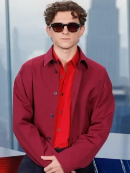 Full front view of the red cotton Spiderman Tom Holland NYC Red Shirt highlighting clean seams and full length sleeves.