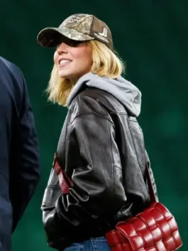 Full front view of the Sporting CP and GD Sydney Sweeney Oversized Black Leather Jacket showing its relaxed, cozy fit.