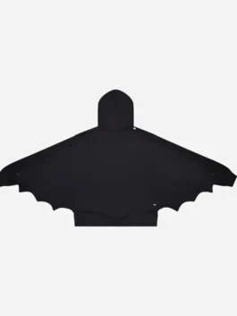Full length profile display showing the loose cape like aesthetic on the rear of the Steady Hands Bat Wing Hoodie.