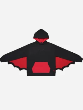 Full front profile layout showcasing the dramatic oversized bat wing shape of the black Steady Hands Bat Wing Hoodie.
