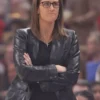 Black real leather Stephanie White Indiana Fever Leather Blazer showcasing full length sleeves and tailored leather fit.