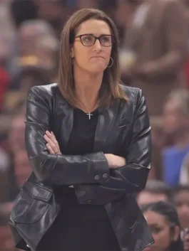 Black real leather Stephanie White Indiana Fever Leather Blazer showcasing full length sleeves and tailored leather fit.